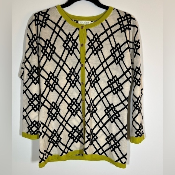 Spartina 449 Seven Oaks cardigan black white green geometric sweater sz S preppy - Picture 1 of 8